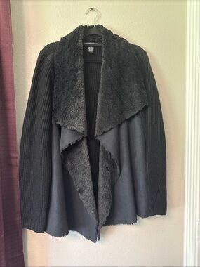 RB33 Two Twenty Five Faux Fur/Suede Black Knit Cardigan Sweater Size XXL
